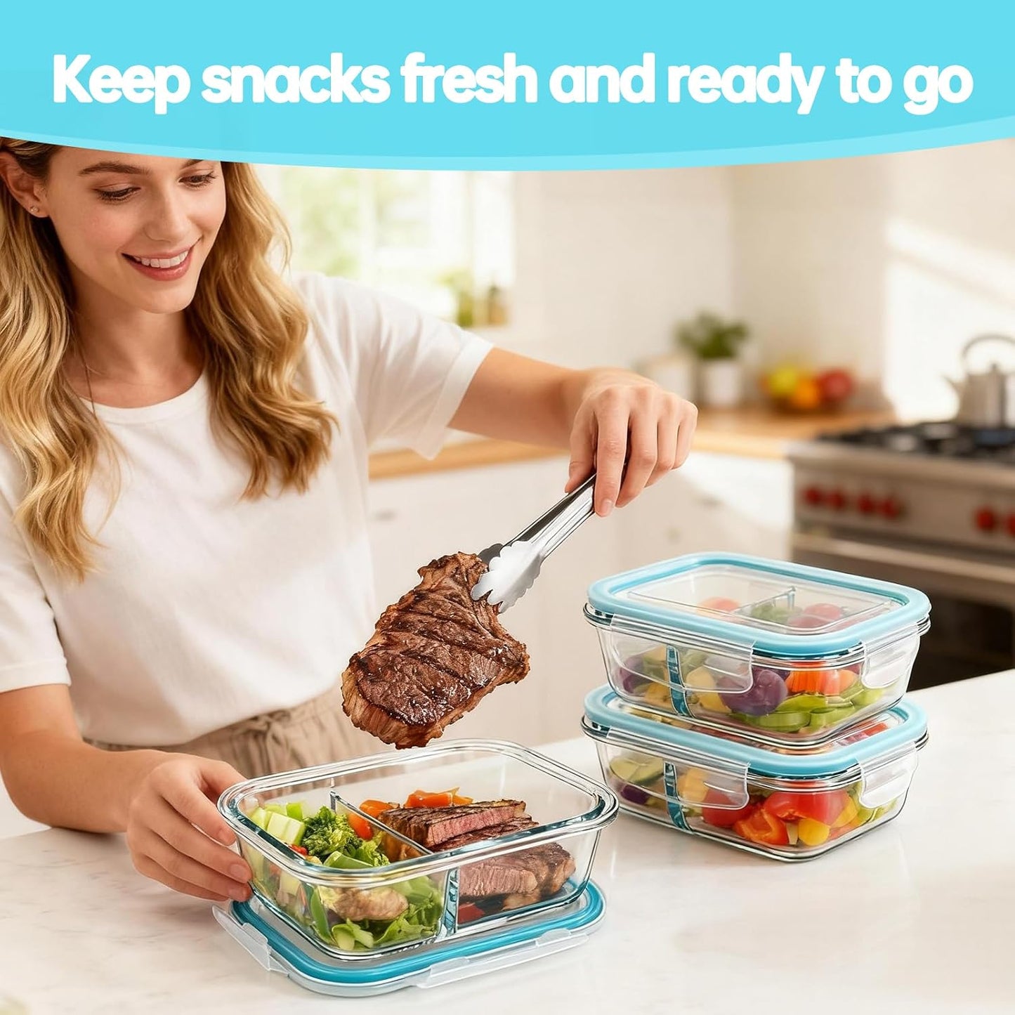 3 Pack Glass Snack Containers, Glass Snack Pack Containers with Airtight Lids, No Leak, Easy Open Small Food Storage Container, Reusable Meal Prep Container, Perfect Lunch Box for Outdoor