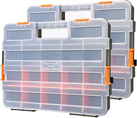 Makitoyo Tool Box Organizers, Interlocking Black Small Parts Organizer for Fasteners, Parts and Crafts w/Removable Dividers, 2 Pieces Pack, Black & Orange,15”L×11.6”W×2.6”H