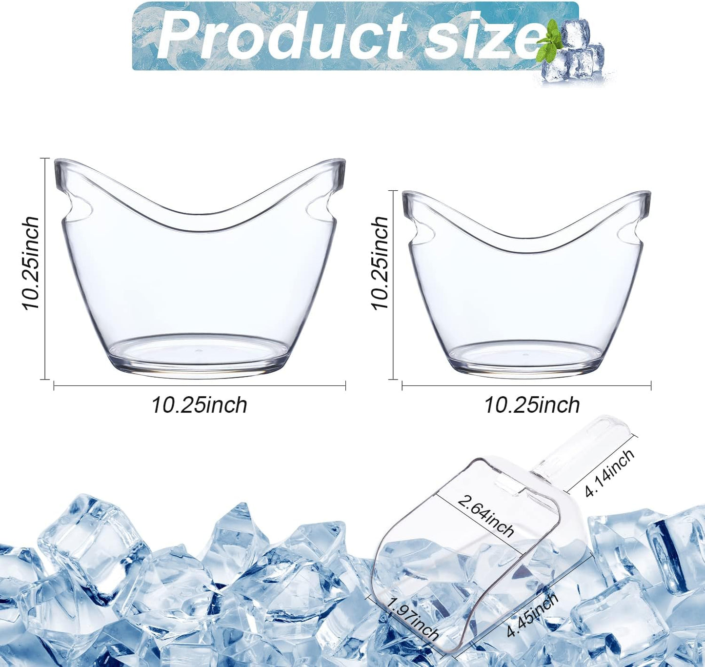 Mwellewm Beverage Tubs for Parties Plastic Ice Bucket for Cocktail Bar Clear Acrylic Wine Bucket with Scoops Drink Bucket Cooler for Chiller Bin for Champagne or Beer (8 L, 4 L)