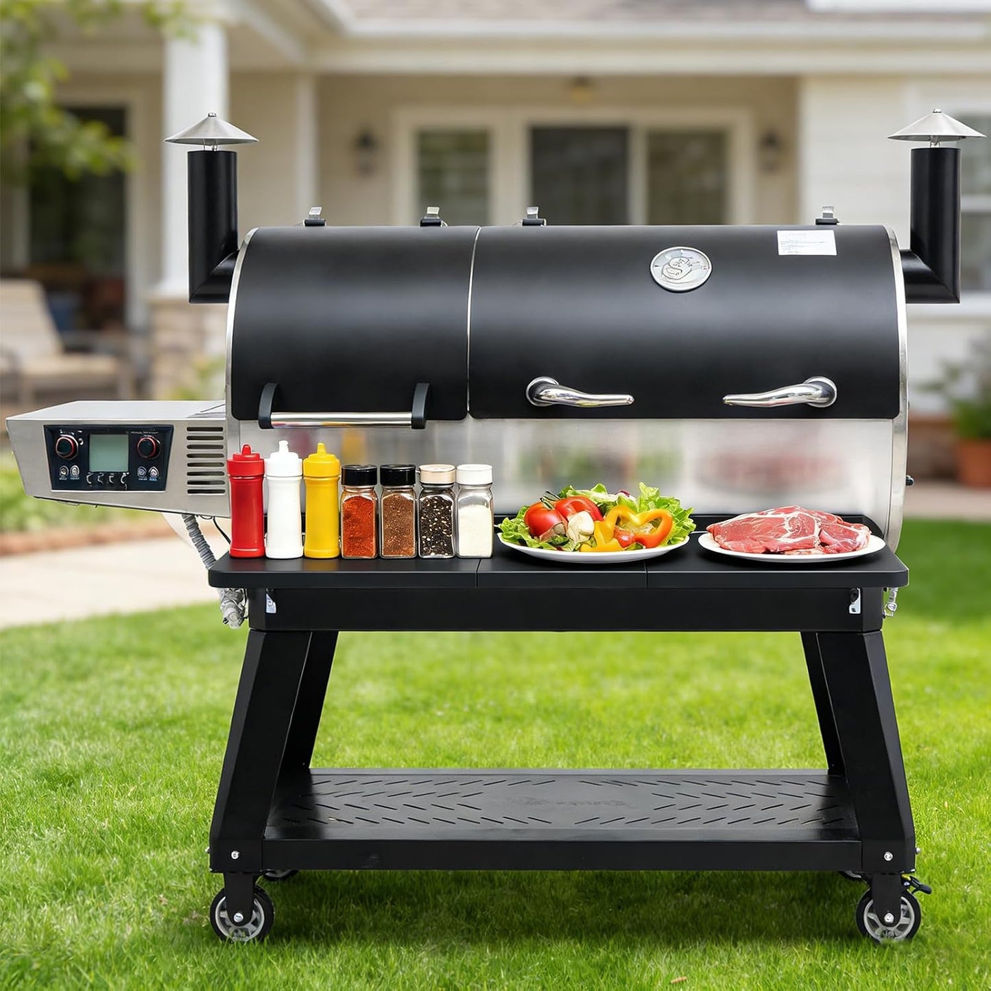 Upgraded Grill Table for Weber Kettle 22"/18"/26", Master Touch 22", Smokey Mountain, Recteq Pellet Grill RT-B380, Prep Station with Cutting Board, Basin, 4 Hooks, Shelf for Weber Kettle Accessories