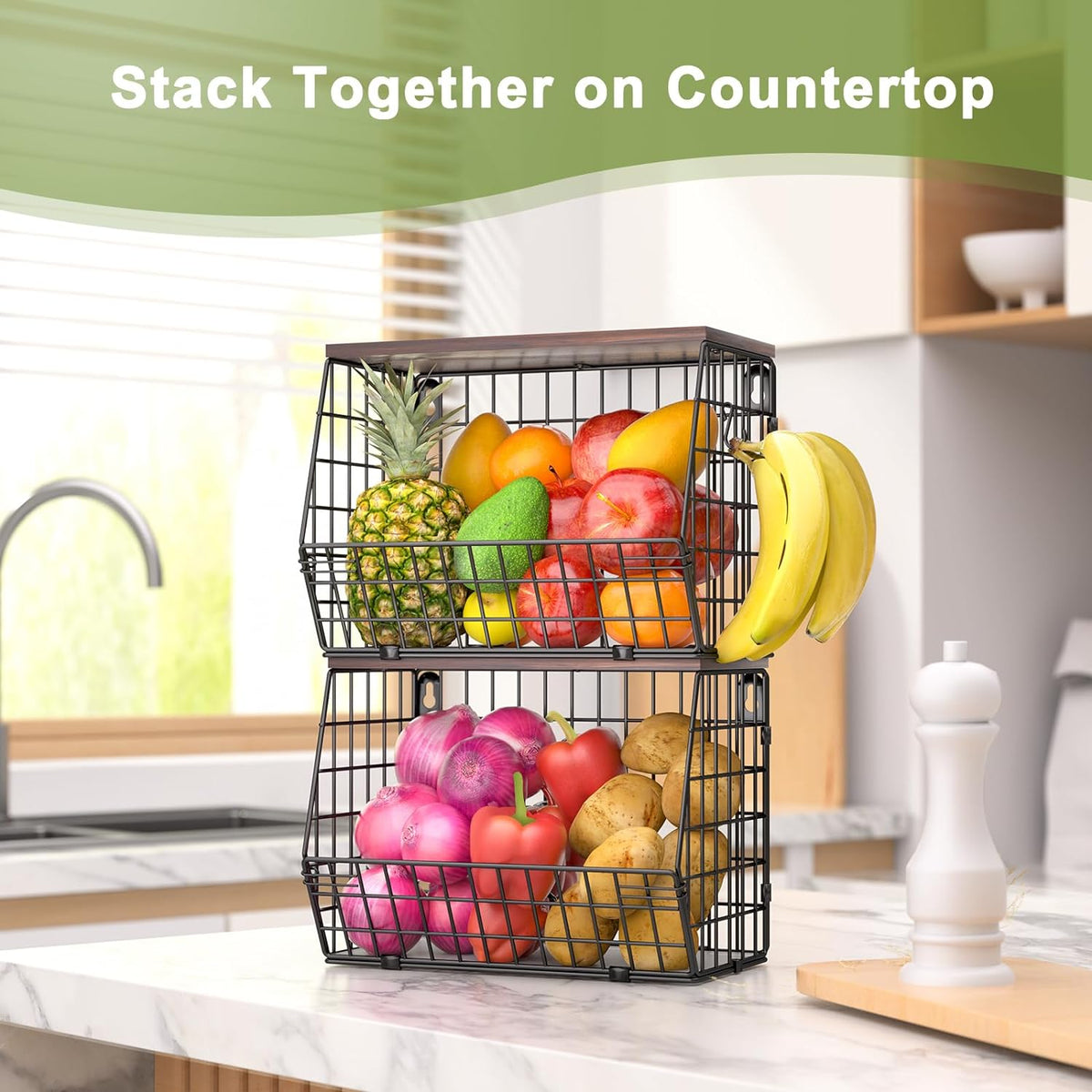 White Fruit Bowl Wire Basket Storage Pantry Fruit and Vegetable Storage Fruit Basket for Kitchen Counter Stackable Wall Mounted Hanging Basket Wire Basket with Wood Lid with Hanger Hooks