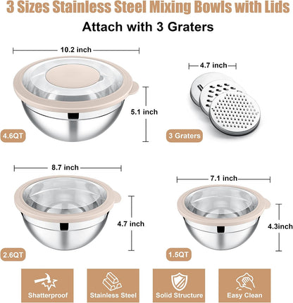 E-far Mixing Bowls Set of 5, Stainless Steel Salad Mixing Bowl with Transparent Lid, Metal Nesting Bowl Attach with 3 Graters for Kitchen Prepping/Serving/Baking/Storage, 4.6/2.6/1.5/1/0.7 QT - Black