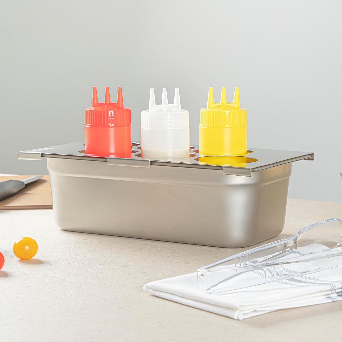 Restaurantware Stainless Steel Bottle Organizer - 1 Count - 6.299 x 7.087 x 0.394 Inches - Dishwasher-Friendly Condiment Holder - Kitchen Bottle Rack - Space-Saving Design - Silver