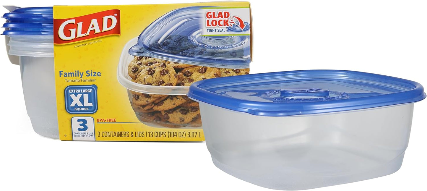 Glad GladWare Tall Entree Food Storage Containers with Lids, Large Square BPA Free Plastic for Meal Prep and Lunches, Lock Tight Seal, Microwave and Dishwasher Safe, 42 Oz, 3 Count