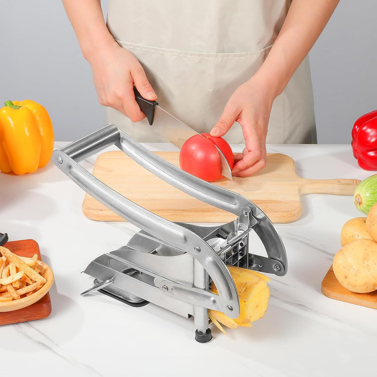Professional French Fry Cutter - Stainless Steel Potato Slicer with 2 Blades (1/2 and 1/3 Inch) and Non-Slip Suction Feet for Homemade French Fries, Chips & Sweet Potatoes (Silver, 1PCS)