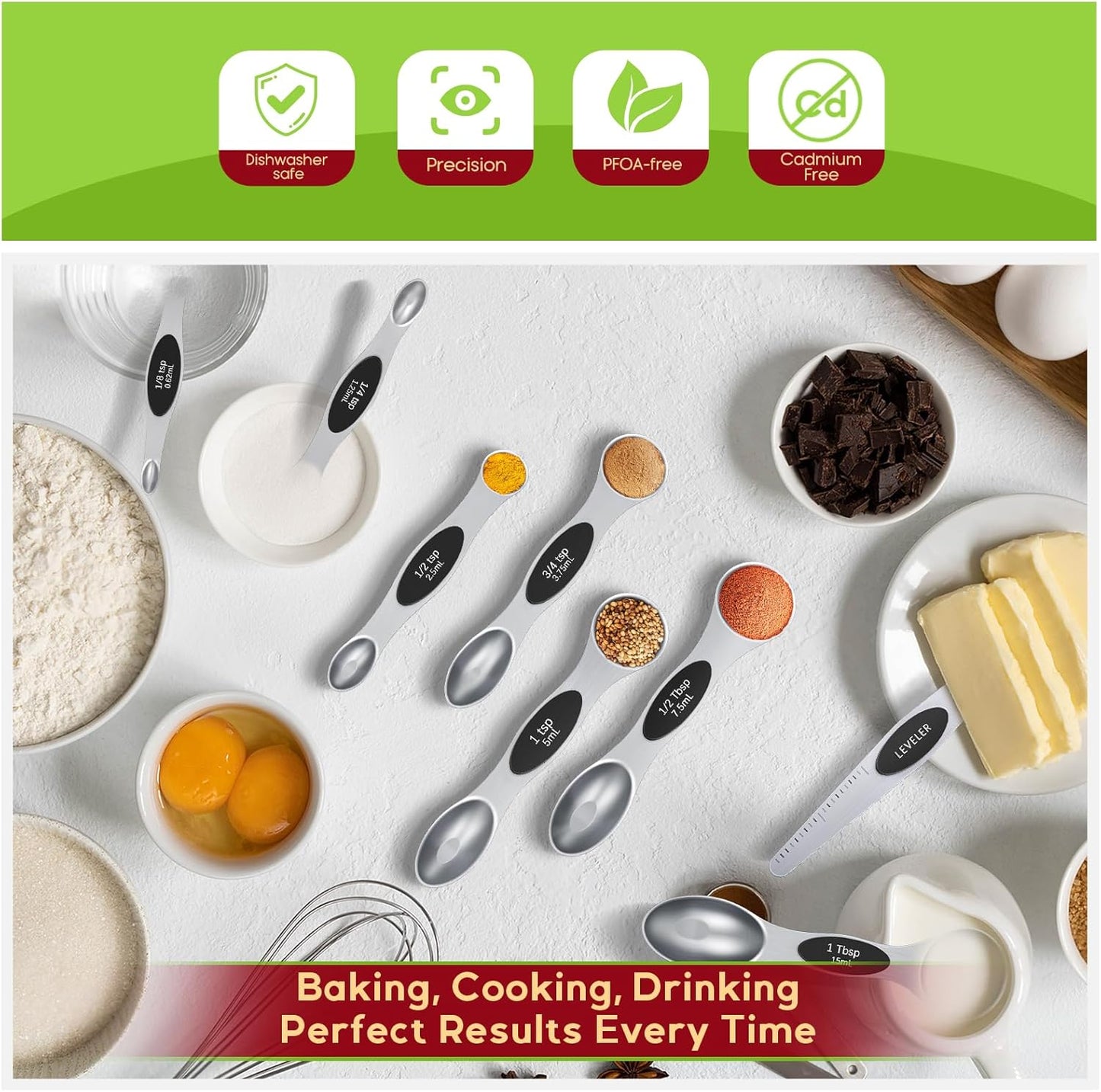 Magnetic Measuring Cups and Spoons Set304 Stainless Steel Dual Scale Set of 15, Strong N52 Magnetic Nesting Design with Leveler, for Dry&Liquid Ingredients, Dishwasher Safe(Colorful)