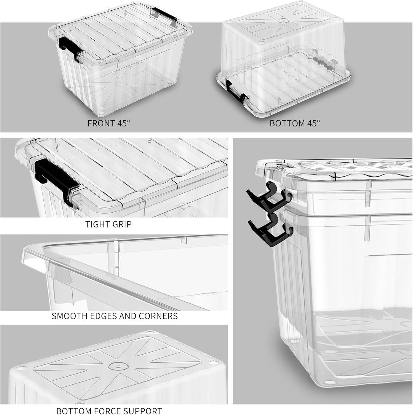 Cetomo 60Qt*6 Plastic Storage Bins, Storage Box, 6 Pack, Organizing Container with Wheels, Durable Lids and Secure Latching Buckles, Stackable and Nestable, Clear with Black Buckle