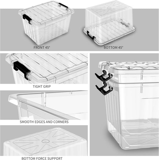 Cetomo 60Qt*6 Plastic Storage Bins, Storage Box, 6 Pack, Organizing Container with Wheels, Durable Lids and Secure Latching Buckles, Stackable and Nestable, Clear with Black Buckle