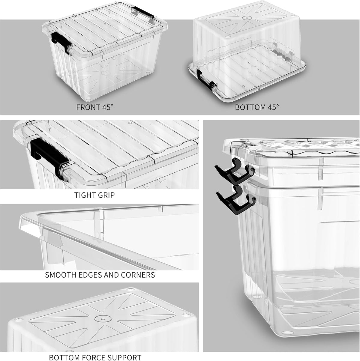 Cetomo 60Qt*6 Plastic Storage Bins, Storage Box, 6 Pack, Organizing Container with Wheels, Durable Lids and Secure Latching Buckles, Stackable and Nestable, Clear with Black Buckle