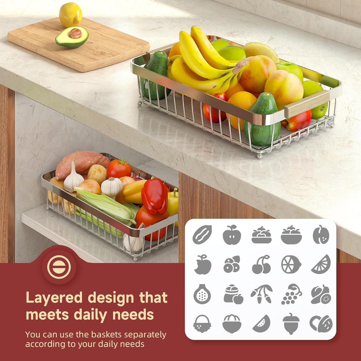 Sevenblue 2 Tier Large Fruit Basket for Kitchen Counter with 2 Mobile Banana Hangers, 2026 Pro Detachable Metal Fruit Bowl with Wooden Handle, Fruit Holder for Bread Snack Veggies with Protective Mats