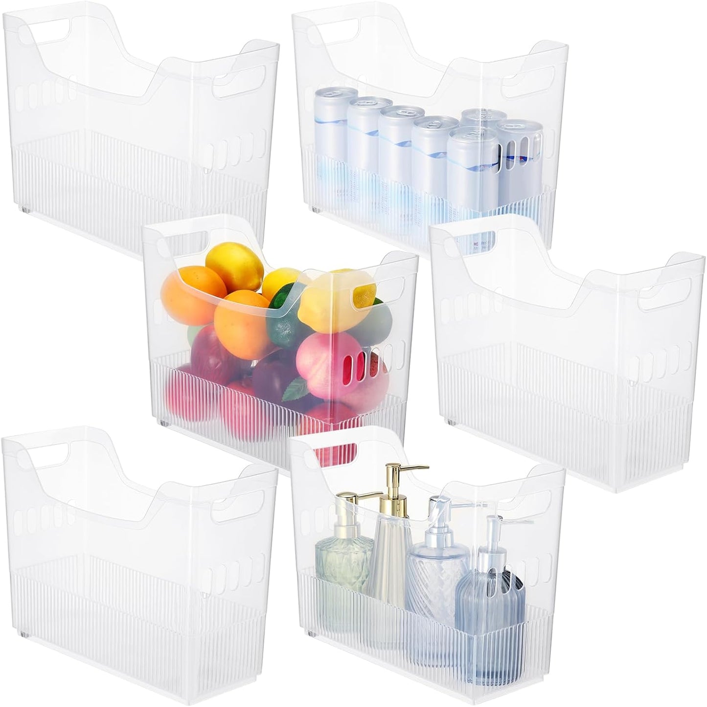 Qunclay 6 Plastic Freezer Organizer Bins with Wheel Set Clear Tall Narrow Kitchen Pantry Organizer Snack Storage Containers for Office Refrigerator(3 Sizes)