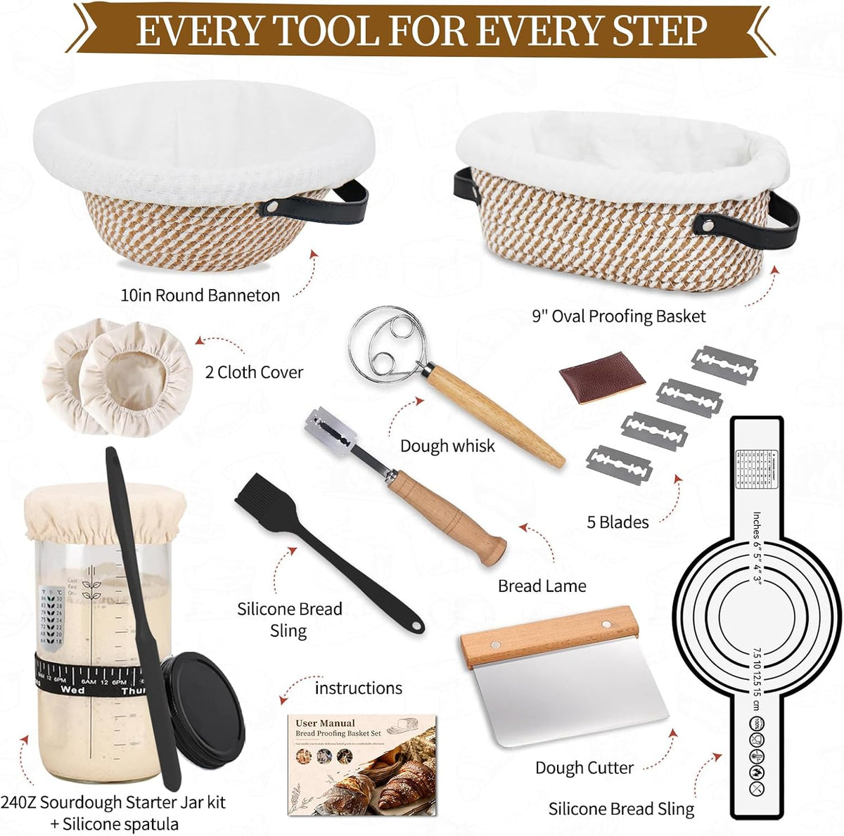 Sourdough Starter Kit 10" Round Banneton Bread Proofing Basket