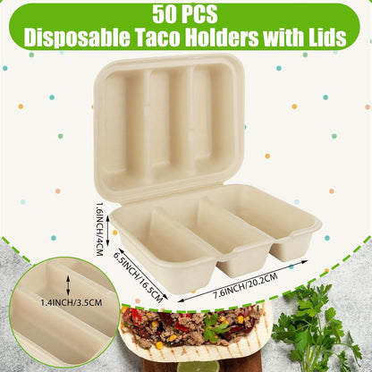50 PCS Disposable Taco Holders with Lids Taco Plates with 3 Dividers Taco Trays Disposable To Go Taco Holders for Party Pulp Fiber To Go Taco Containers for 3 Taco Bar Serving Set for a Party