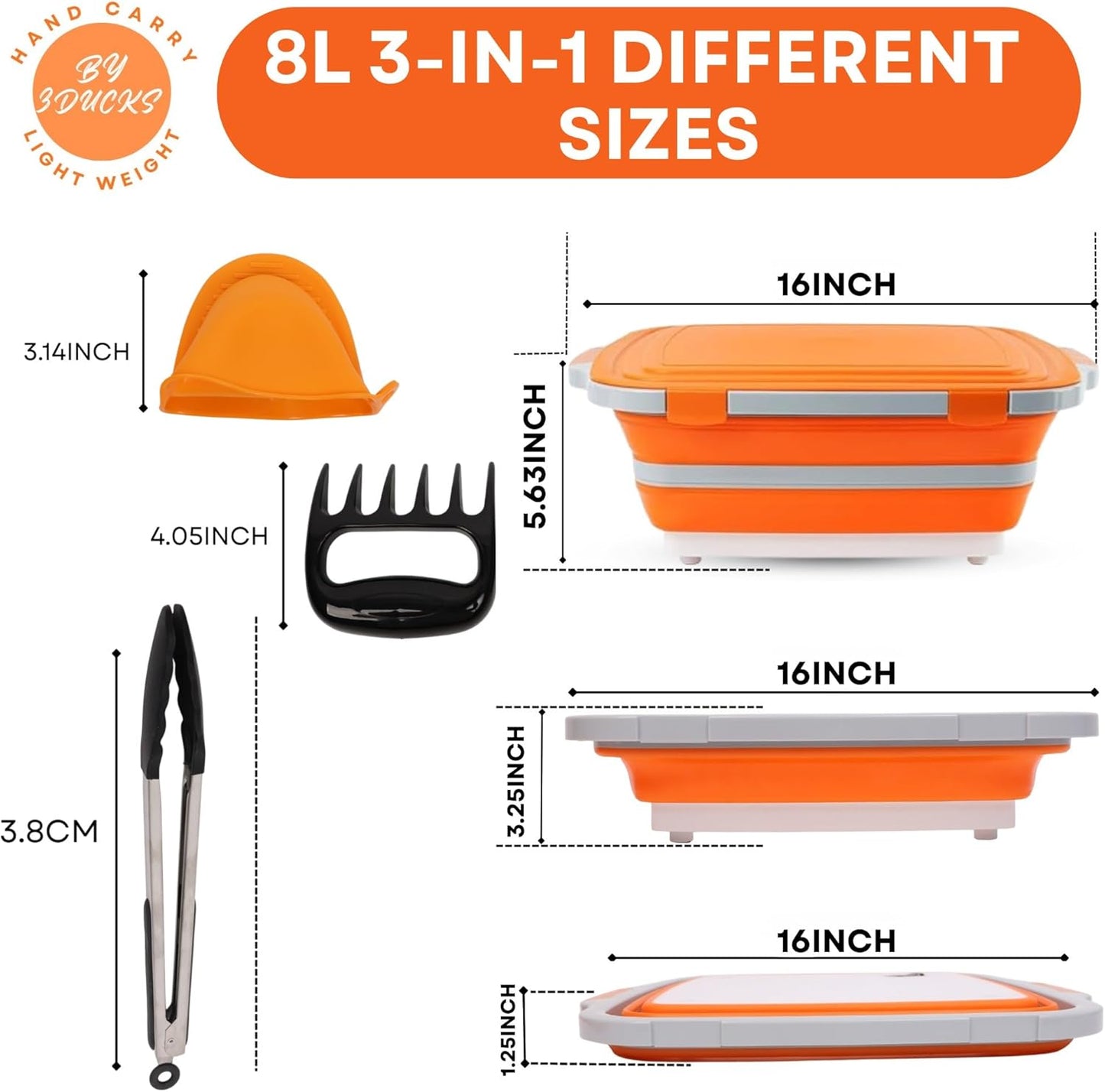 Collapsible BBQ Prep Tub 8L Black | Portable Meat Marinating Container with Locking Cutting Board Lid, BBQ Tongs, 2 Meat Shredding Claws & 2 Heat-Resistant Grill Gloves for Camping & Grilling