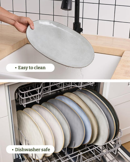 famiware Serving Platter, Oval 15.59/14.3/12.9inch Serving Dishes for Entertaining, Serving Bowls, Microwave Safe, Stoneware Serving Trays for Party, Food, Turkey, Cheese, Ocean Series, Vanilla White