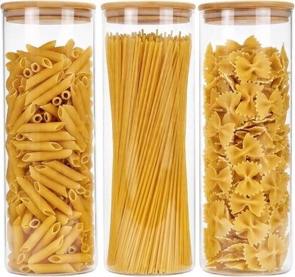Moretoes 3 Pack 2qt Glass Storage Containers with Bamboo Press Lids, Large Airtight Food Storage Jars for Pantry, Flour, Sugar, Dry Goods