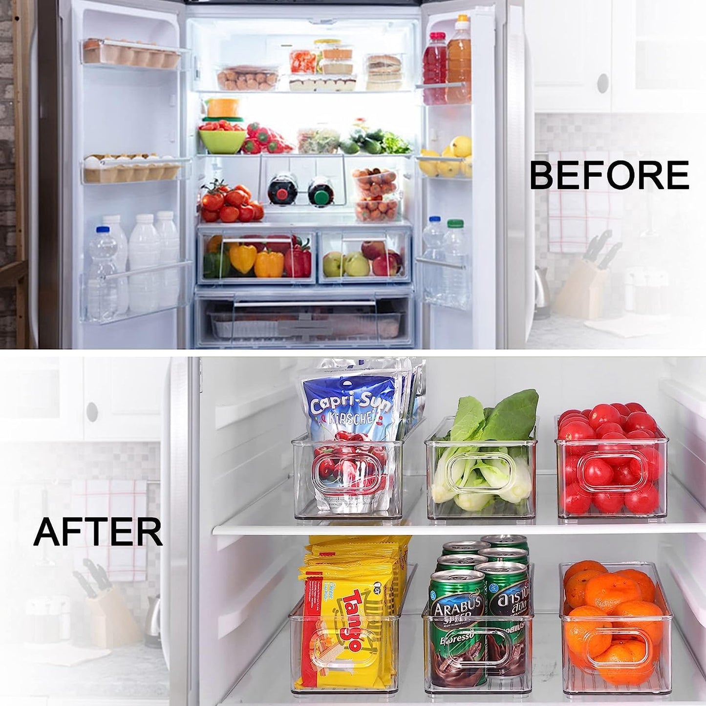 Set of 8 Refrigerator Pantry Organizer Bins - Stackable Fridge Organizers with Handles for Pantry, Freezer, Kitchen, Countertops, Cabinets - Clear Plastic Food Storage Bins