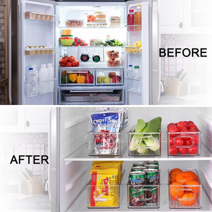 Set of 6 Refrigerator Pantry Organizer Bins - Stackable Fridge Organizers with Handles for Pantry, Freezer, Kitchen, Countertops, Cabinets - Clear Plastic Food Storage Bins