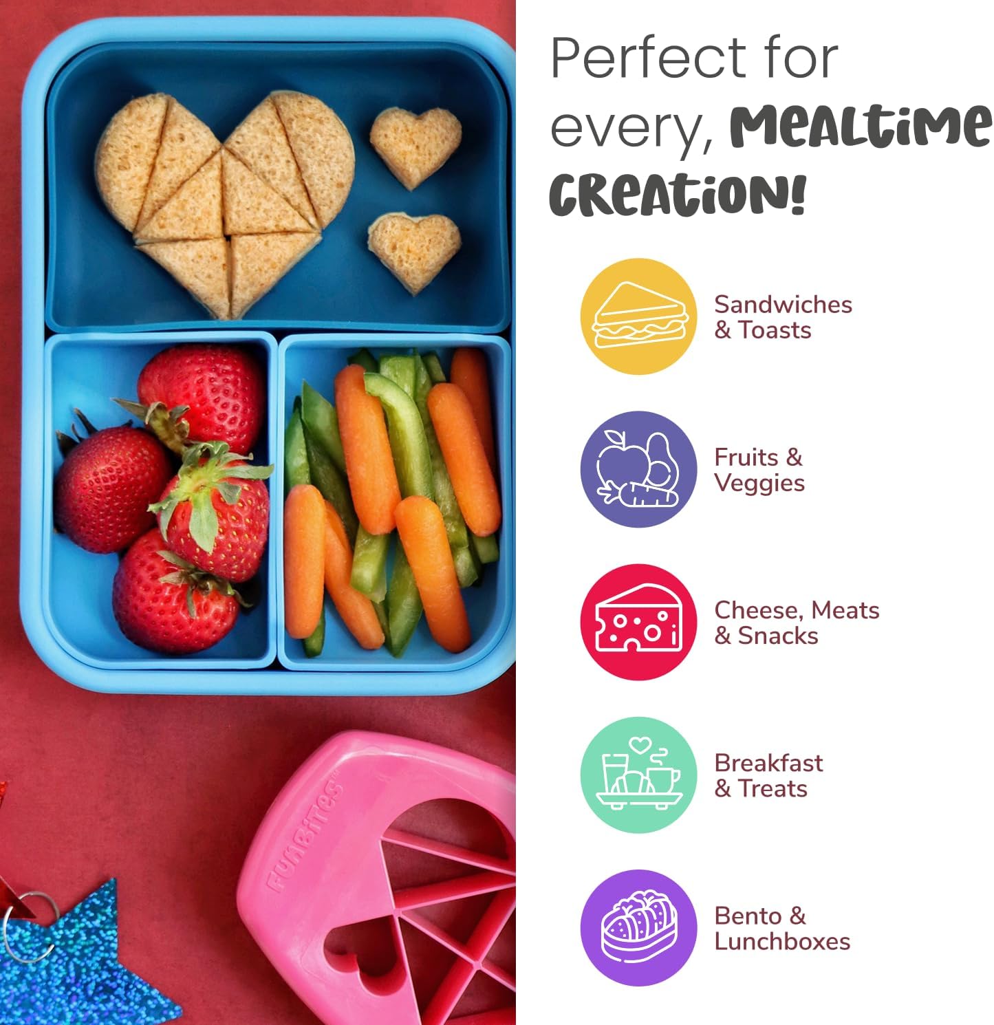 FUNBITES Crustless Sandwich Cutter for Kids Lunch, Uncrustable Sandwich Cutter (6-piece set), Bite-Size Food Cutter for Toddlers, Bento Box Accessories, Dishwasher Safe, Squares/Hearts/Triangles 3pk