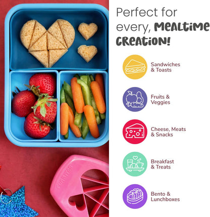 FUNBITES Crustless Sandwich Cutter for Kids Lunch, Uncrustable Sandwich Cutter (6-piece set), Bite-Size Food Cutter for Toddlers, Bento Box Accessories, Dishwasher Safe, Squares/Hearts/Triangles 3pk