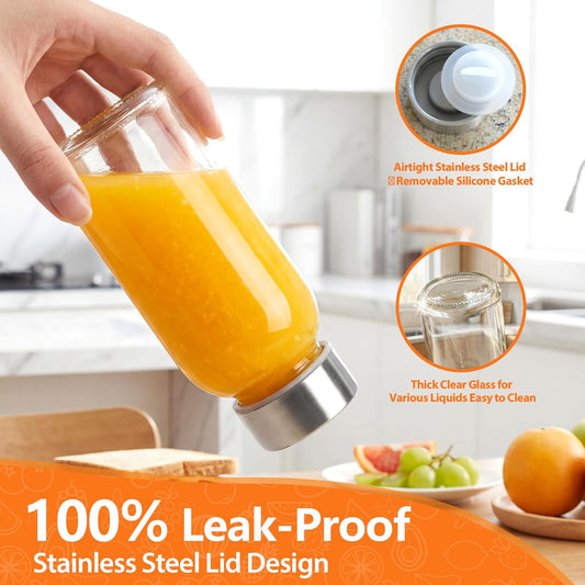 Clear Glass Bottles with Lids 18 oz, Reusable Glass Water Bottles with Stainless Steel Cap for Refrigerator, Juicing, 100% Leak Proof, BPA Free, Juice Bottle Drinking Jar Containers Set of 6