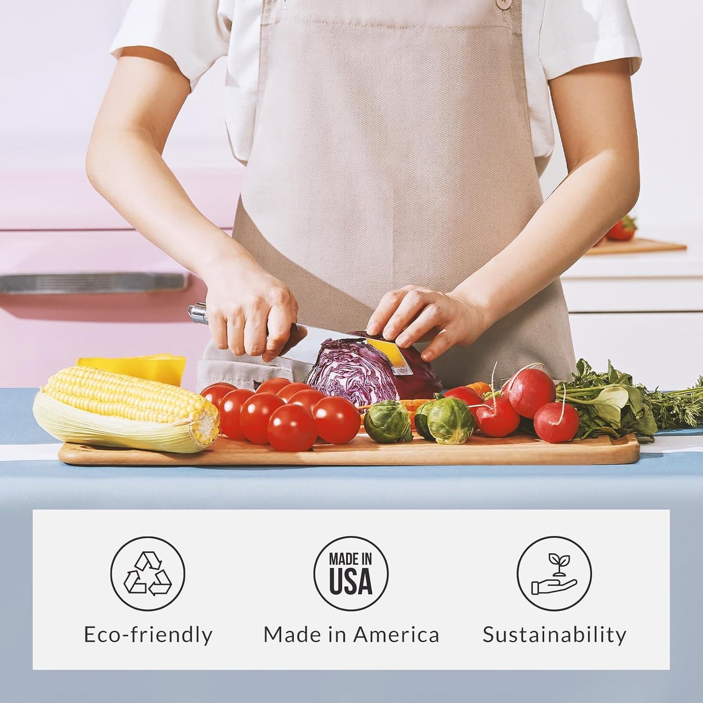 Elihome Premium Series 2-in-1 Kitchen Cutting Board Set, Non Slip Feet, Color Coded with Food Icon, Natural Wood Fiber, Dishwasher Safe, Eco-Friendly, Juice Grooves,Non Porous, BPA Free, Made in USA