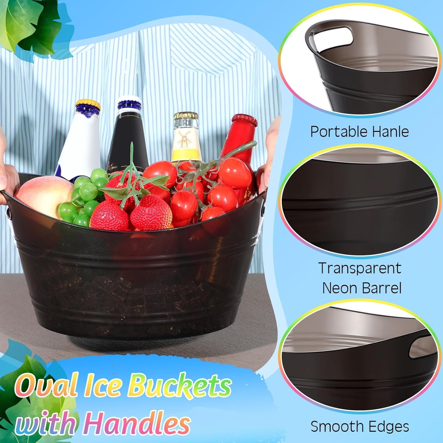 meekoo 6 Pcs Plastic Ice Buckets Bulk with Handles 4.5L Oval Storage Tub Large Capacity Ice Drink Bucket for Party Bar Wine Beer Champagne Beverage Bottle Cooler (4.5 L,Orange)