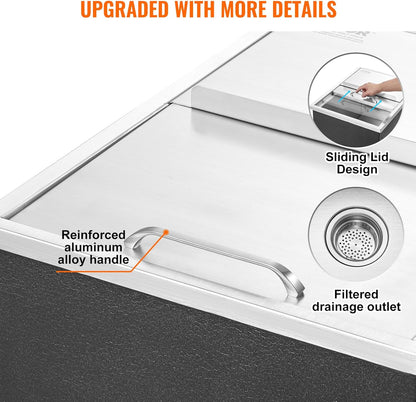 Happybuy Drop in Ice Chest 18L x 12W x 14.5H Inch Stainless Steel Ice Cooler with Sliding Cover Drop in Ice Bin Included Drain-Pipe and Drain Plug for Cold Wine Beer