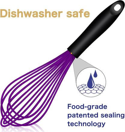 OYV Dishwasher Safe Silicone Whisk, Sealed Waterproof Design Set of 3, Professional Kitchen Whisks for Cooking Non-Scratch, Silicone & Stainless Steel Whisk, Heat Resistant Balloon Egg Beater, Black