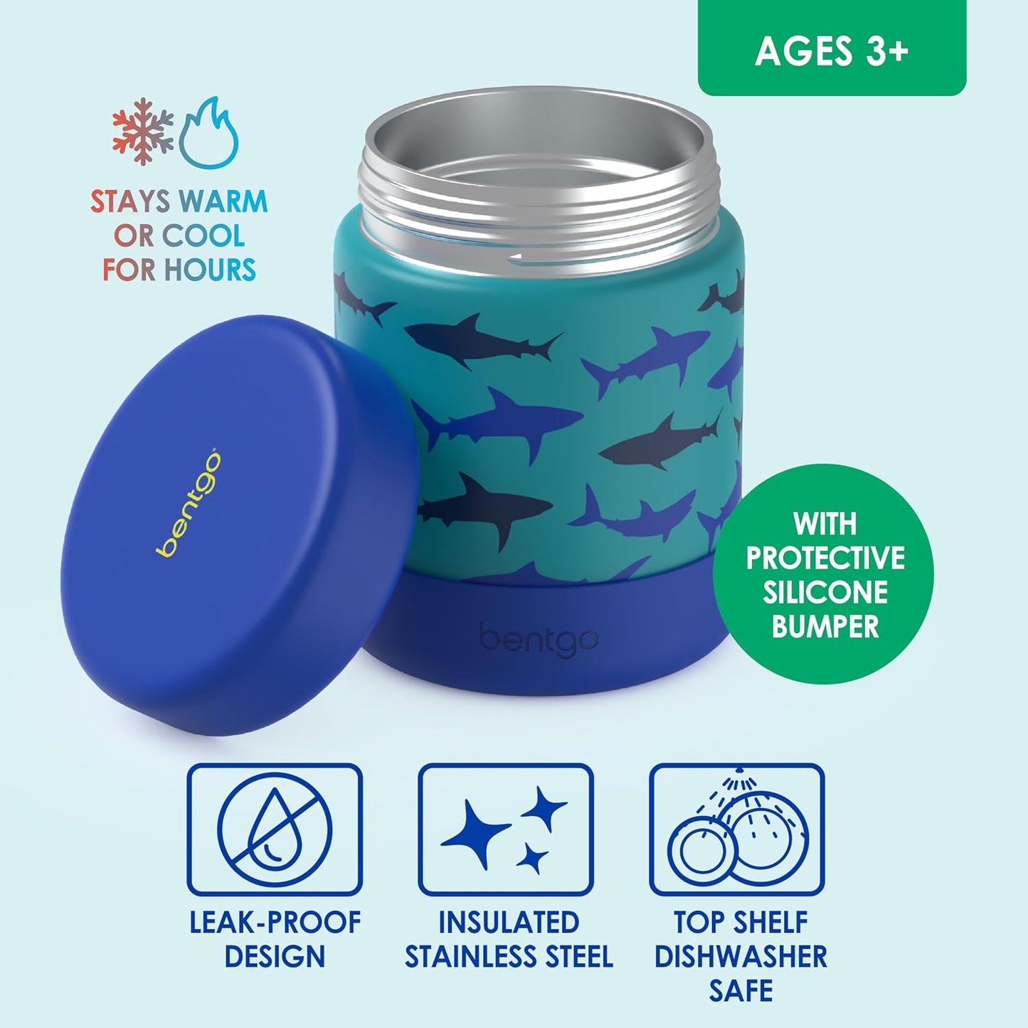 Bentgo Kids Stainless Steel Food Jar - 11oz Leak-Proof Double Insulated Hot or Cold Food Container with Removable Silicone Bumper, Dishwasher Safe, Easy Open Lid, Ages 3+ (Trucks)