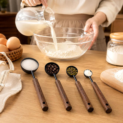 4 Pcs Wooden Handle Measuring Spoons, Black Stainless Steel Measuring Scoops Tablespoon Measure Cups for Kitchen Baking and Cooking (15ml, 5ml, 2.5ml, 1.25ml)