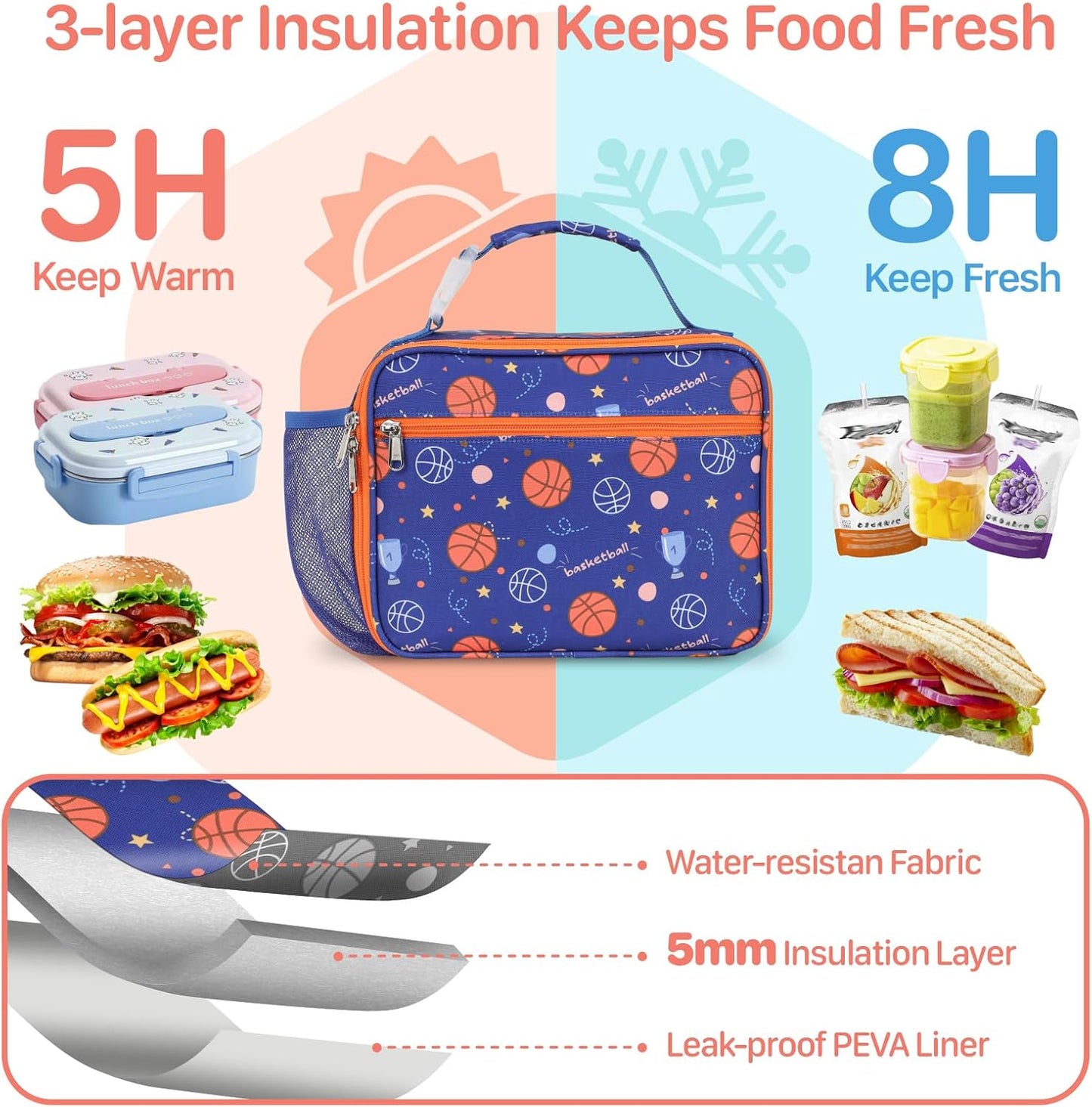 Kids Lunch Bag Boys - Insulated Kids Lunch Box Reusable Lunchbox with Water Bottle Holder Toddler Lunch Tote Bag for School Daycare, Black Dino Fossil