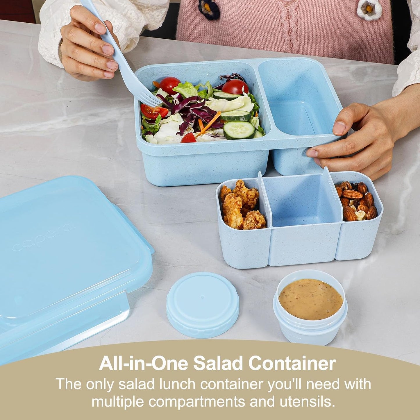 Caperci 2 Pack Salad Container for Lunch - 62 oz Large Bento Lunch Box for Adults, 2-Compartment Meal Prep Container with Removable Toppings Tray, Sauce Cup, Reusable Fork, BPA-Free (Purple & Green)