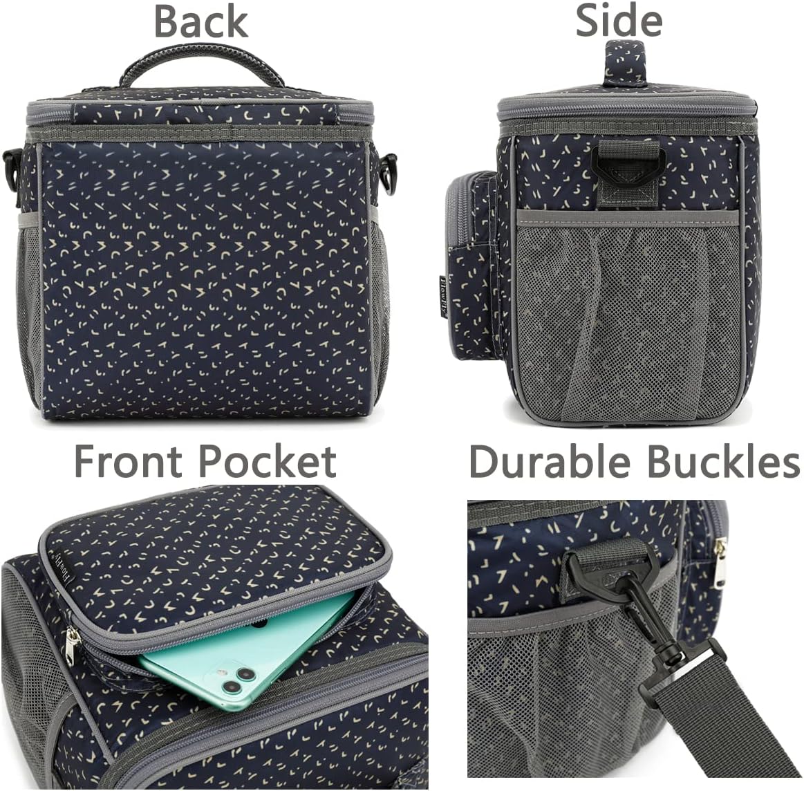 FlowFly Insulated Reusable Lunch Bag Adult Large Lunch Box for Women and Men with Adjustable Shoulder Strap,Front Zipper Pocket and Dual Large Mesh Side Pockets,Cherry - Colors A