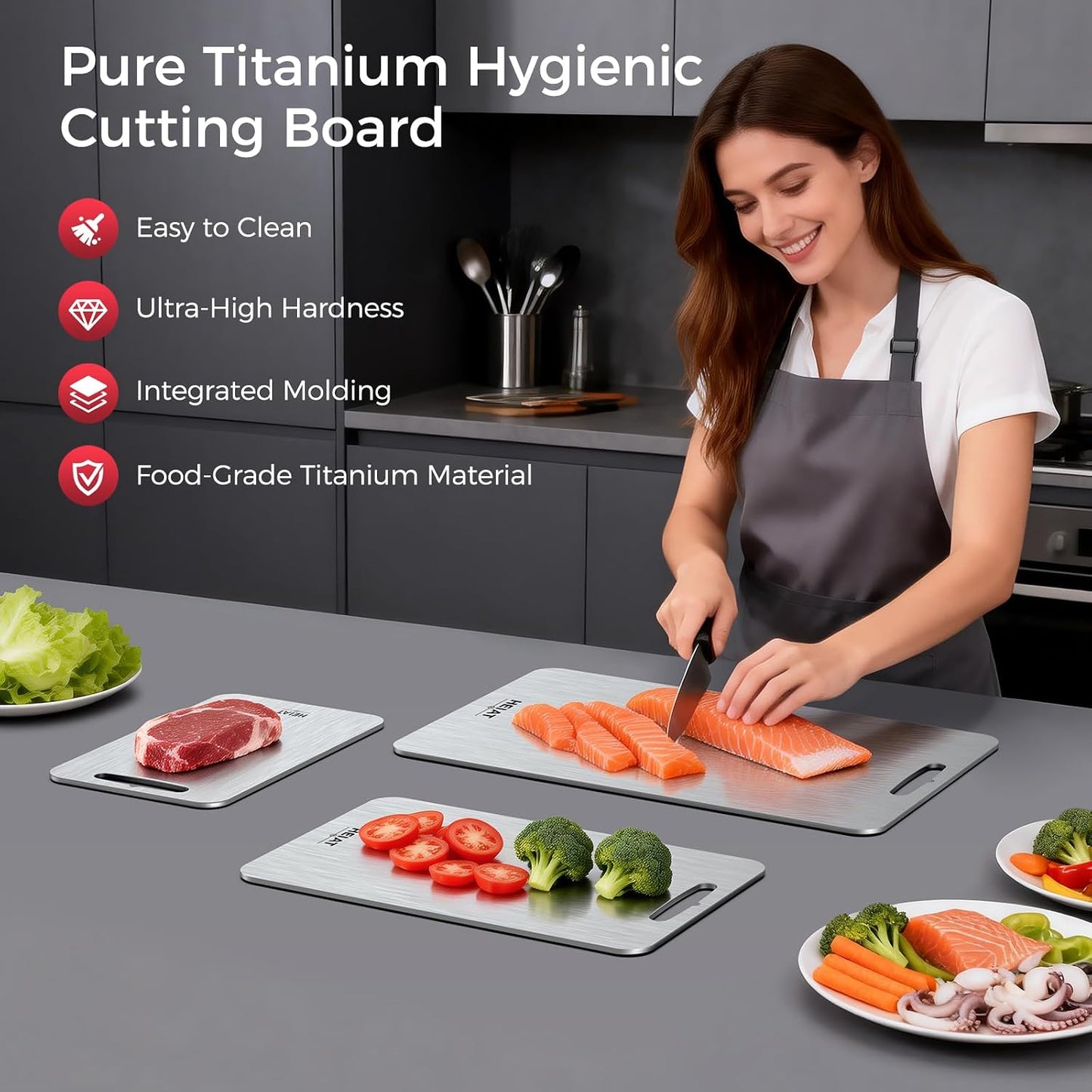 Titanium Cutting Board Set of 3, 100% Pure Titanium Cutting Boards for Kitchen, Non-Toxic, Double-Sided Chopping Boards for Raw & Cooked Food, Handles Included, Dishwasher Safe(S+M+L)