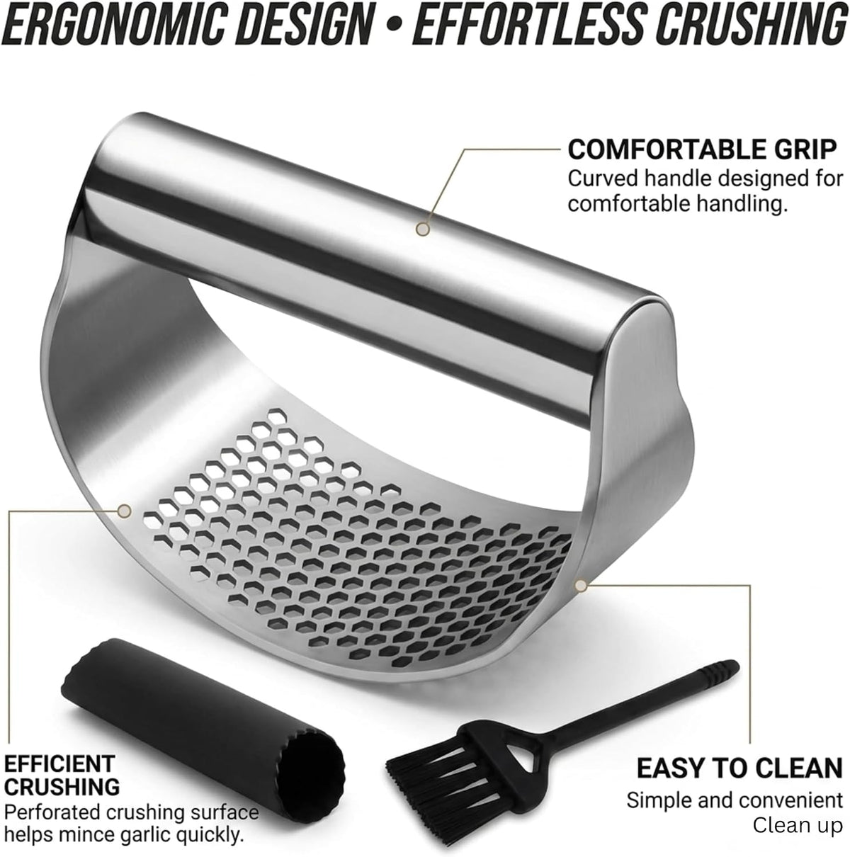 Angel's Peel Lounge Stainless Steel Garlic Press Rocker Set with Silicone Garlic Peeler & Cleaning Brush – Garlic Chopper, Mincer, Grater, Crusher – Easy for Crushed Cloves – Rust-Resistant, Black