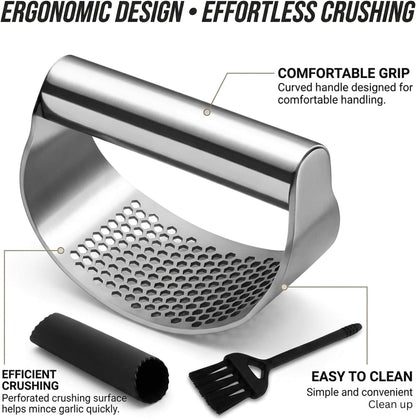 Angel's Peel Lounge Stainless Steel Garlic Press Rocker Set with Silicone Garlic Peeler & Cleaning Brush – Garlic Chopper, Mincer, Grater, Crusher – Easy for Crushed Cloves – Rust-Resistant, Black