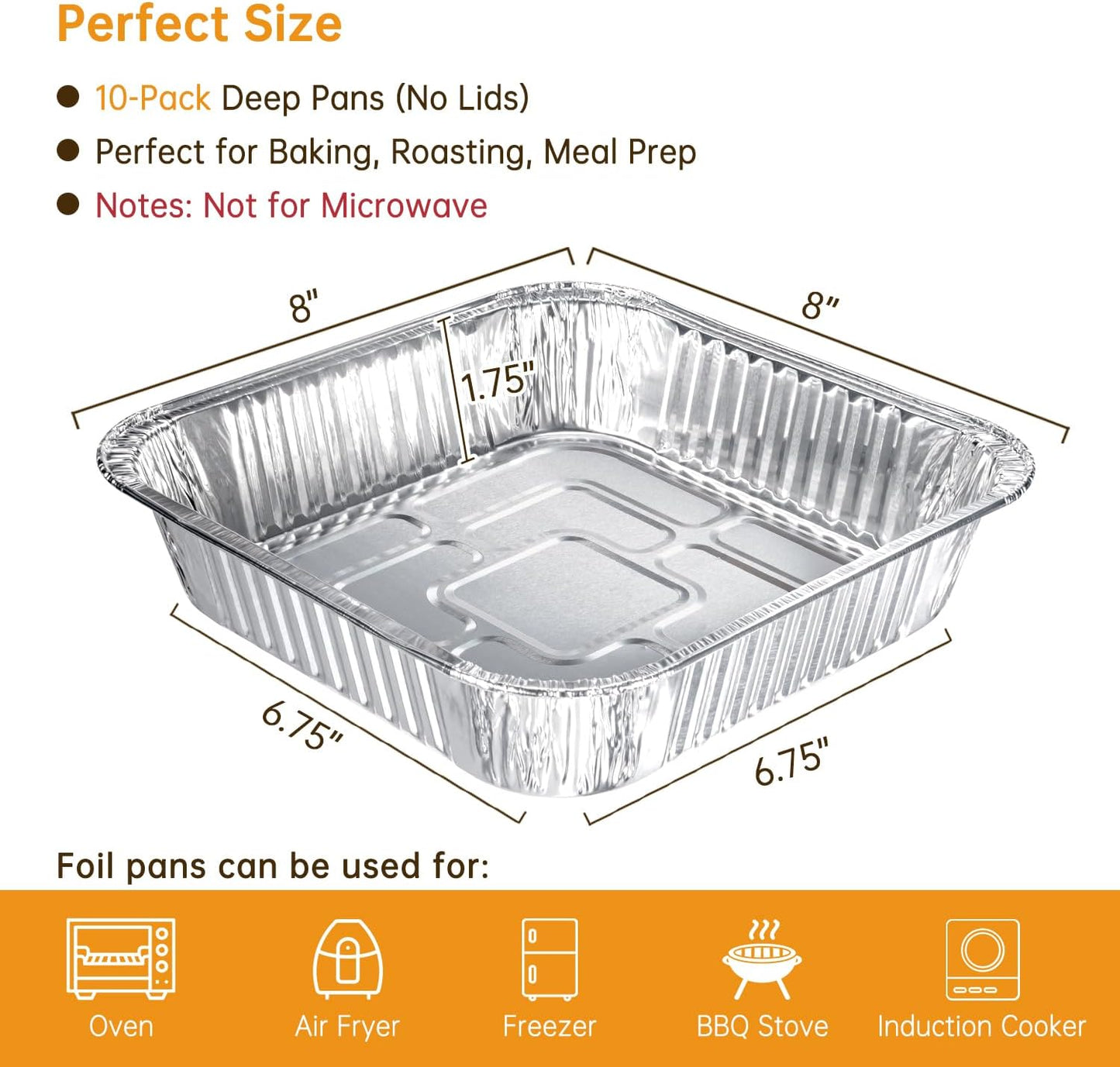 8x8 Aluminum Pans - 20 Pack Disposable Foil Pans, Heavy Duty Square Aluminum Baking & Roasting Trays for Meal Prep, Food Storage, Heating & Party Serving