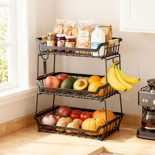 3 Tier Fruit Basket with 2 Banana Hangers for Kitchen Counter | 3-Tier Detachable Design,Metal Wire Construction, Wooden Handle, Large Capacity, Multi-Purpose Organizer,Mesh Basket