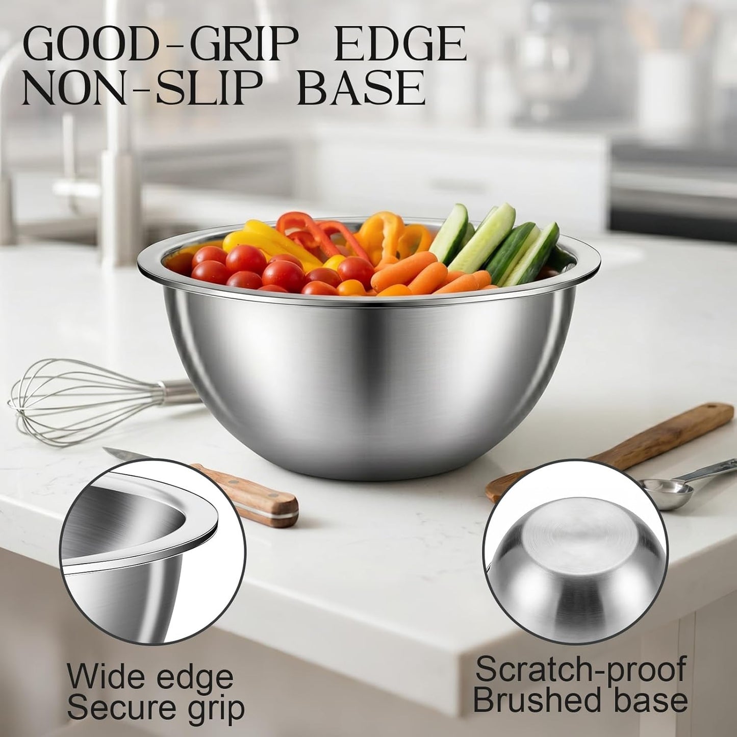 DUTZUN Heavy-Duty Stainless Steel Mixing Bowls Set of 5 plus 3QT Colander, Nesting Kitchen Metal Bowl for Baking Prep Salads Serving Cooking, Dishwasher Safe — 4.0 to 0.8 QT