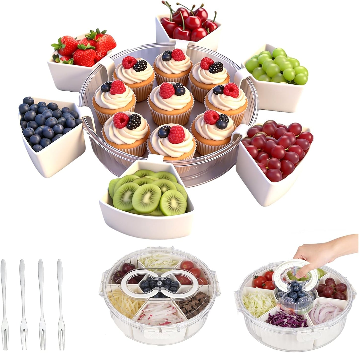 Aufind Divided Serving Tray with Lid and Handle, Stackable Snackle Box Container for Fruits Candy Veggies, Portable Spinning Rounded Tray with 6 Removable Dip Bowls