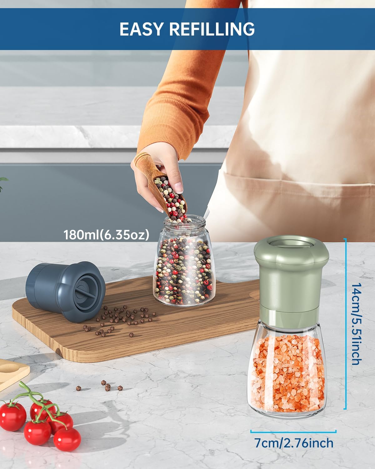 CIRCLE JOY Premium Manual Salt and Pepper Grinder Set, Refillable Salt and Pepper Shakers with Ceramic Blades, Adjustable Coarseness and BPA-free 180ml Glass Container, Tall Black White