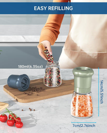 CIRCLE JOY Premium Manual Salt and Pepper Grinder Set, Refillable Salt and Pepper Shakers with Ceramic Blades, Adjustable Coarseness and BPA-free 180ml Glass Container, Tall Black White