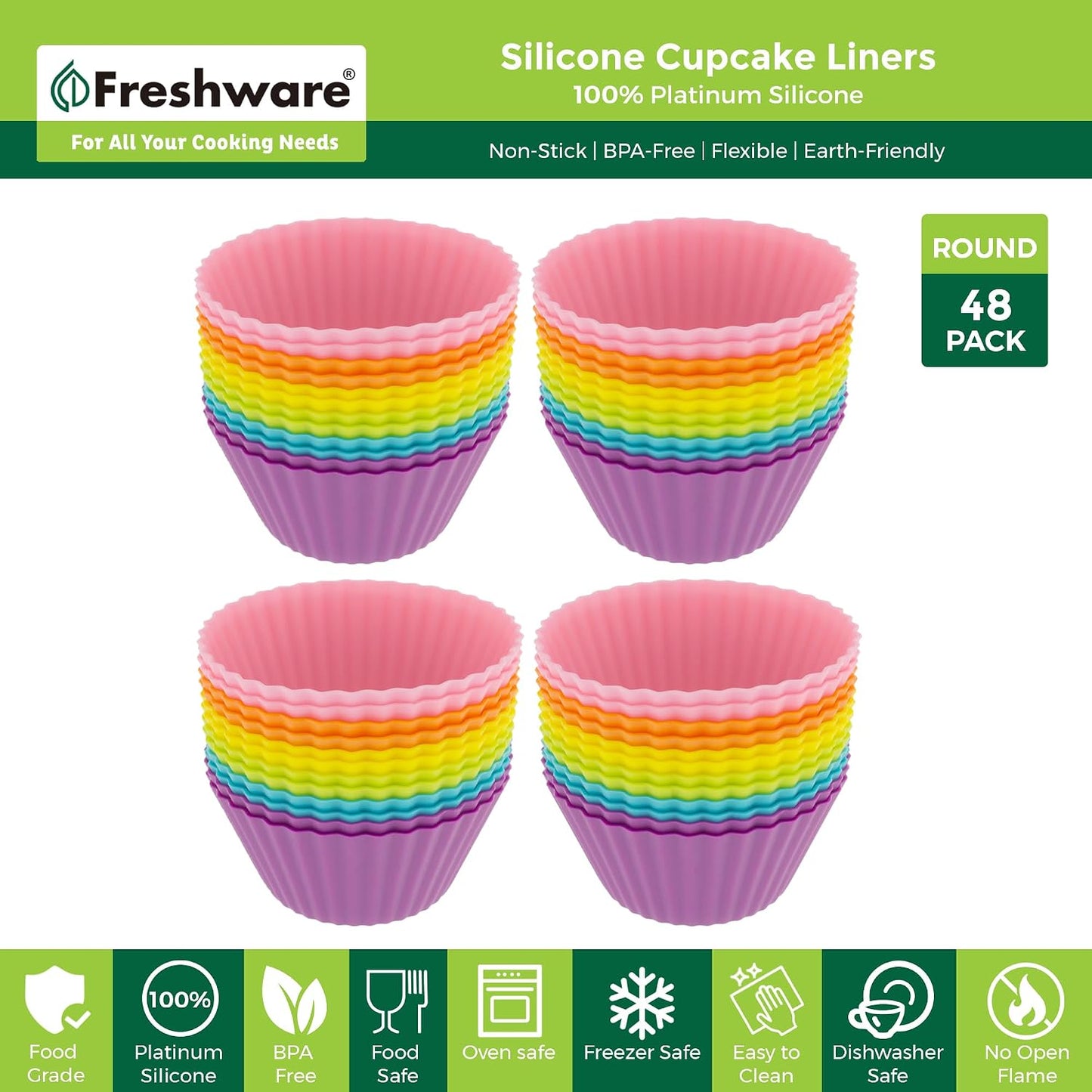 Freshware Cupcake Liners, Pack of 12 Silicone Muffin Cups, Baking Cups, Reusable & Non-stick Cupcake Liners for Party Halloween Christmas, Round