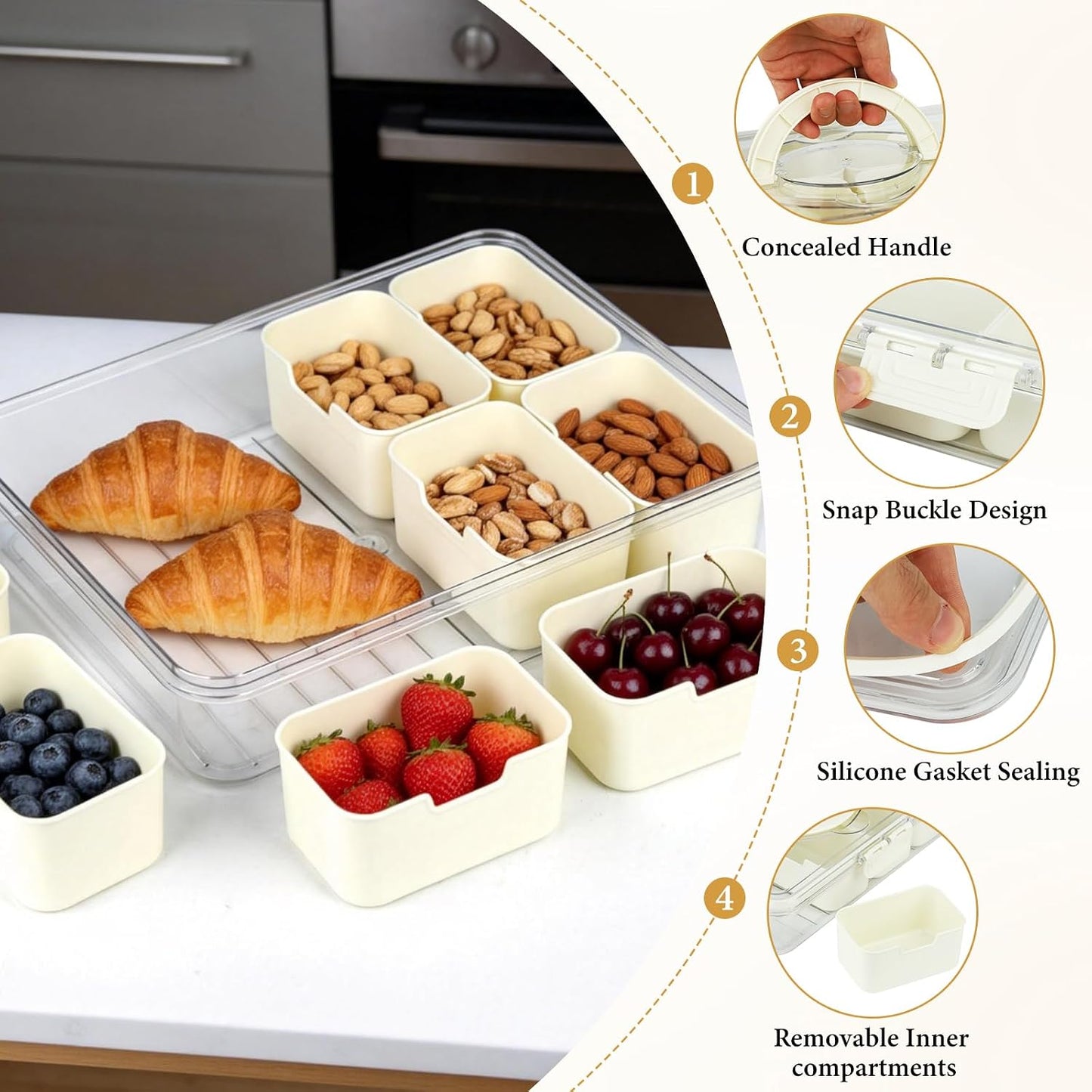 Snackle Box Container, Snack Box Container, Divided Serving Tray with Lid & Handle for Snackle, Veggie, Candy, Nut, Fruits Portable for Travel Party, Picnic (8 Inside Containers Dishwasher Safe)