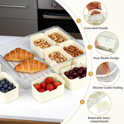 Snackle Box Container, Snack Box Container, Divided Serving Tray with Lid & Handle for Snackle, Veggie, Candy, Nut, Fruits Portable for Travel Party, Picnic (8 Inside Containers Dishwasher Safe)