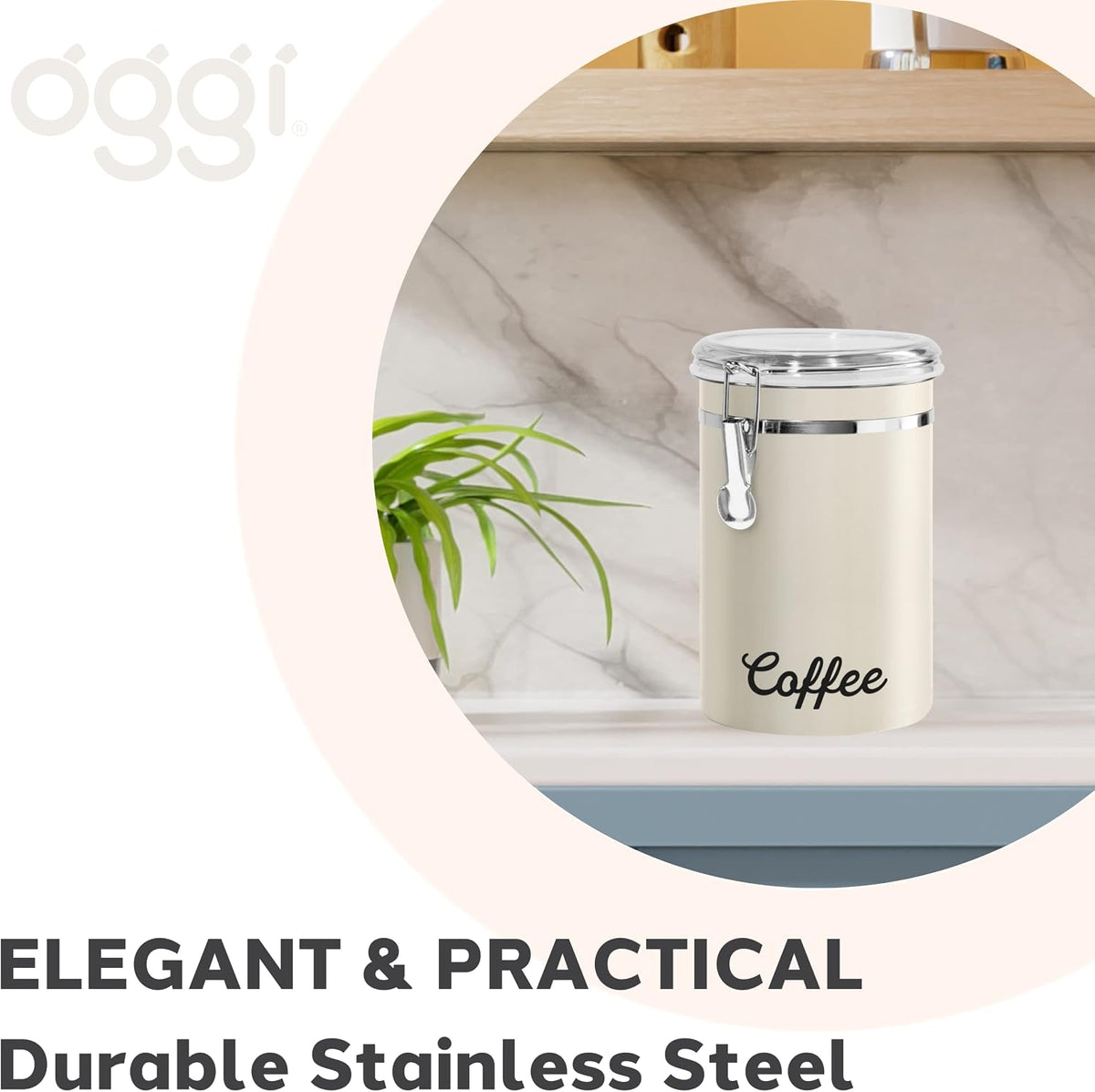 Oggi Stainless Steel Sugar Canister 62 fl oz - Airtight Clamp Lid, Clear See-Thru Top - Ideal Sugar Container for Countertop, Sugar Jar, Bulk Sugar Storage. Large Size 5" x 7.5".