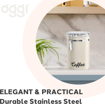 Oggi Stainless Steel Sugar Canister 62 fl oz - Airtight Clamp Lid, Clear See-Thru Top - Ideal Sugar Container for Countertop, Sugar Jar, Bulk Sugar Storage. Large Size 5" x 7.5".