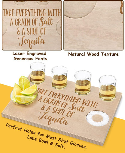 Tequila Gifts for Women and Men - Shot Board and Glass Holder Wooden Bar Tray with Salt Rim - for Liquor, Parties, Weddings, Housewarmings