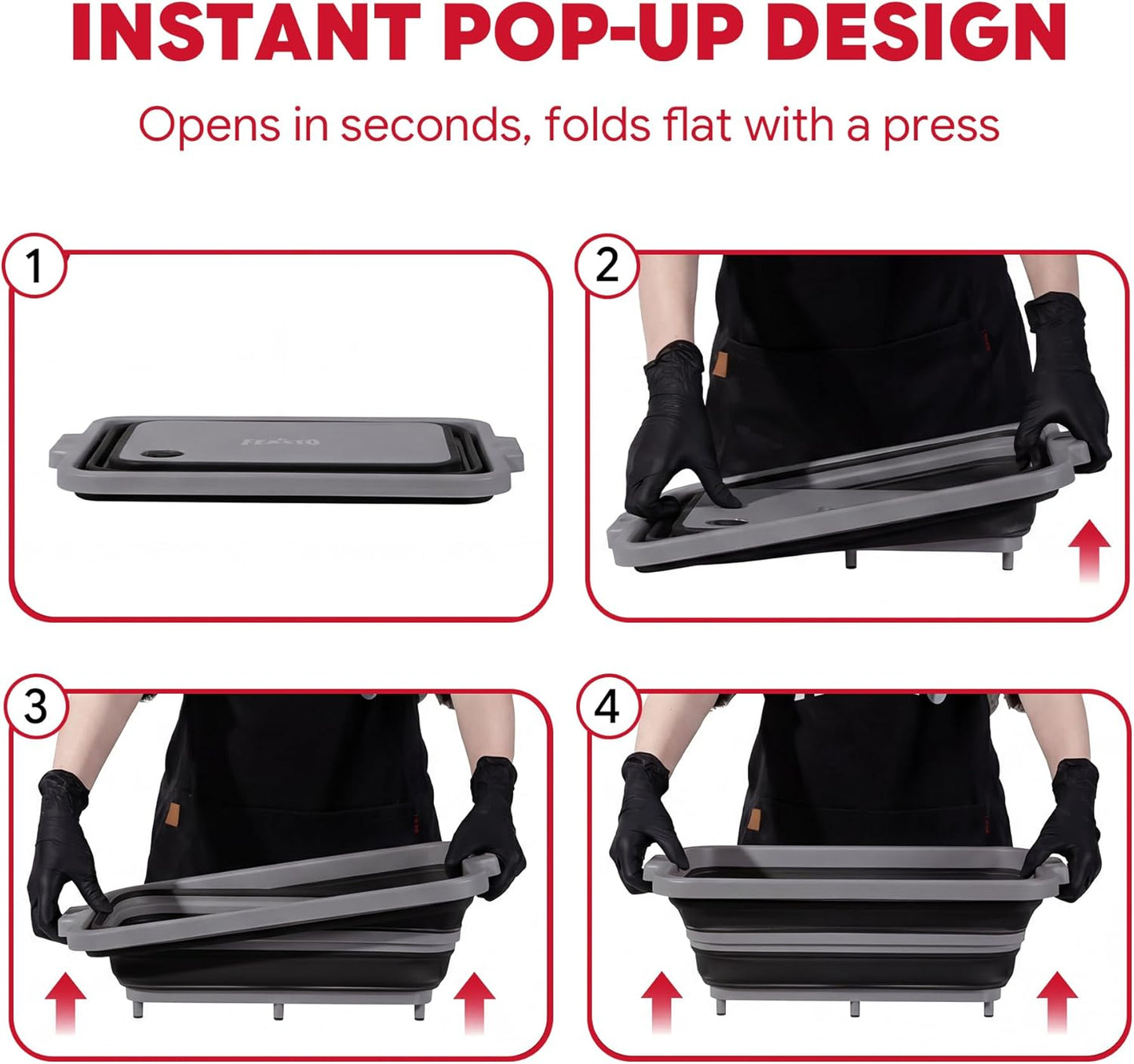 Feasto Collapsible BBQ Prep Tubs with Cutting Board, 9-IN-1, 2 Tubs Portable Grill Prep Station with Side Brackets, Lids, Knives, Meat Claws and Drain Rack, Space-Saving for Kitchen & Camping, Black